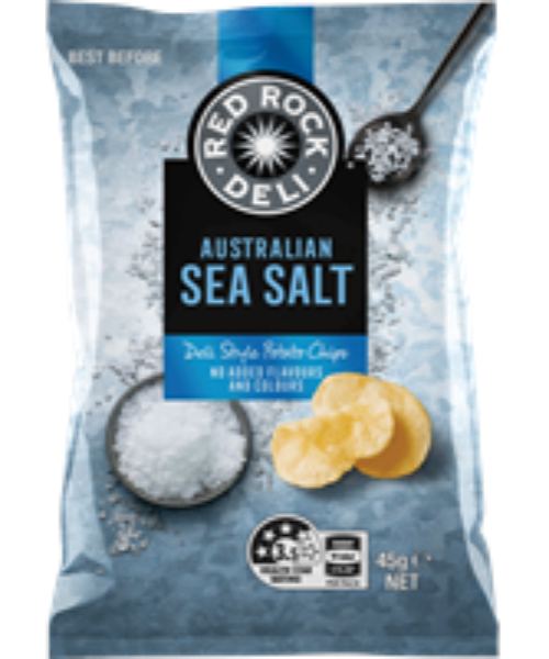 RED ROCK DELI – CHIPS – SEA SALT – 45GMS – 18PK