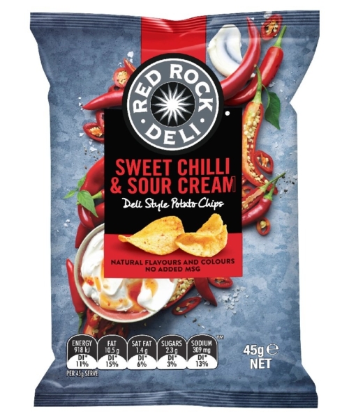 RED ROCK DELI – CHIPS – SWEET CHILLI & SOUR CREAM – 45GMS – 18PK